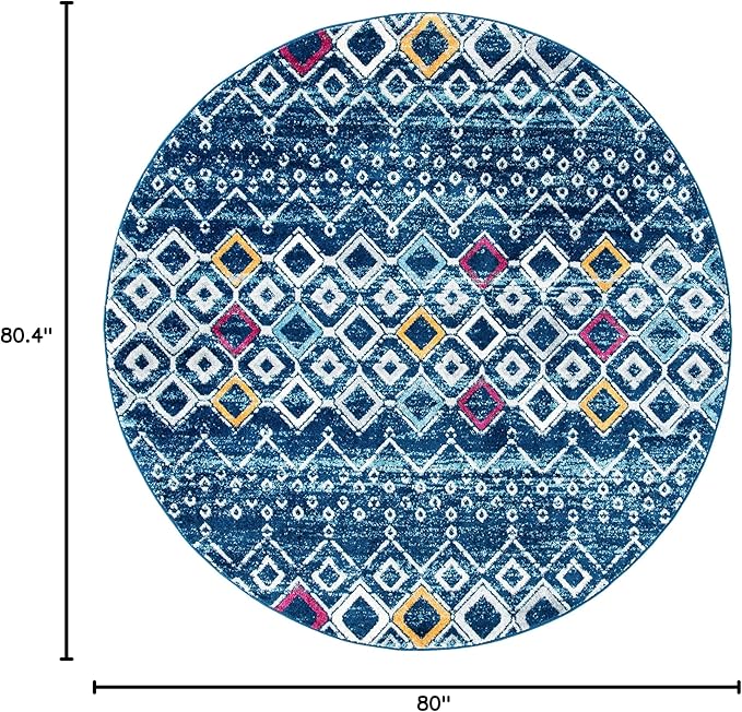 SAFAVIEH Amsterdam Collection 6'7" Round Navy / Turquoise AMS108M Moroccan Boho Non-Shedding Dining Room Entryway Foyer Living Room Bedroom Area Rug