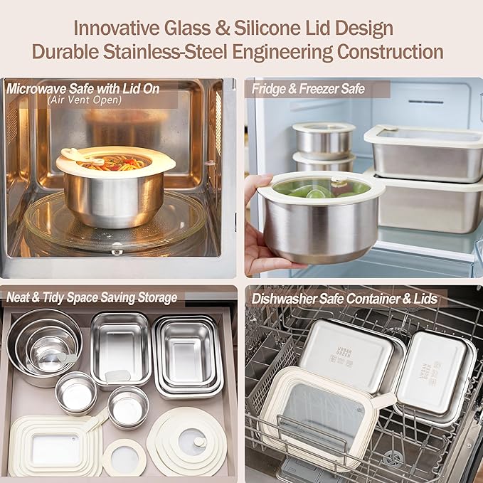 Urban Green Stainless Steel Food Containers with Glass Lid, Airtight Leakproof Stainless Steel Storage Containers in set of 4, Round Shape, Microwave Safe, 100% Plastic Free