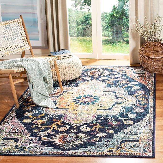 SAFAVIEH Crystal Collection Area Rug - 5' x 8', Navy & Fuchsia, Medallion Distressed Design, Non-Shedding & Easy Care, Ideal for High Traffic Areas in Living Room, Bedroom (CRS501H)