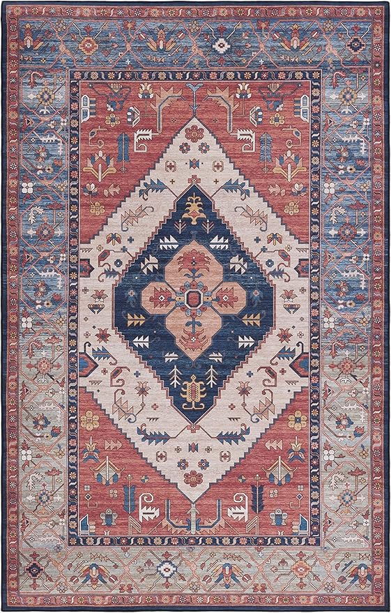 SAFAVIEH Washable Rug Tucson Collection - 5' x 8', Rust & Blue, Slip Resistant & Easy to Clean, Ideal for Living Room, Bedroom, Dining Space (TSN153P)