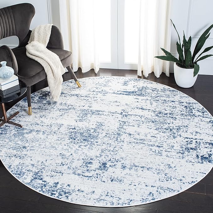 SAFAVIEH Amelia Collection Area Rug - 6'7" Round, Ivory & Navy, Modern Abstract Design, Non-Shedding & Easy Care, Ideal for High Traffic Areas in Living Room, Bedroom (ALA700B)