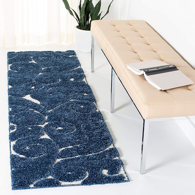SAFAVIEH Florida Shag Collection Runner Rug - 2'3" x 21', Dark Blue & Cream, Scroll Design, Non-Shedding & Easy to Clean, High-Low Plush Pile, Ideal for Bedroom, Foyer, Hallway (SG455-6511)