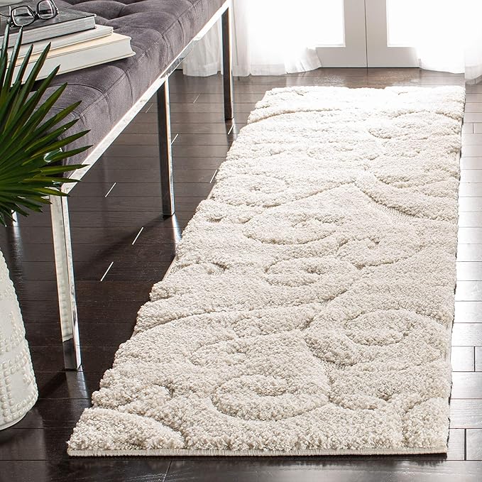SAFAVIEH Florida Shag Collection Accent Rug - 2'3" x 5', Cream & Cream, Scroll Design, Non-Shedding & Easy Care, High-Low Plush Pile, Ideal for Bedroom, Foyer, Hallway (SG455-1111)