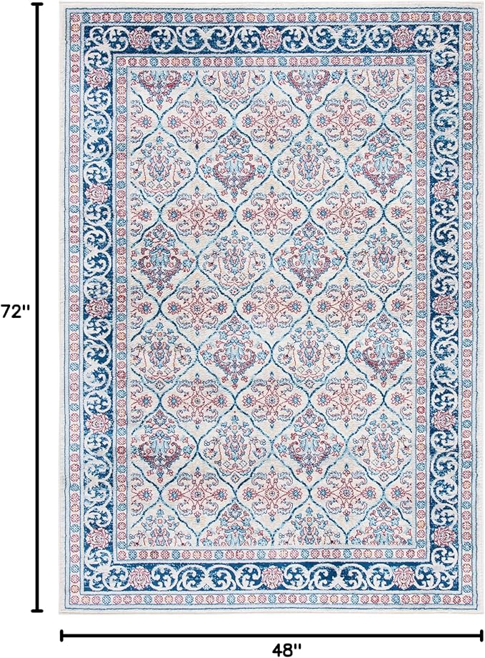 SAFAVIEH Brentwood Collection 4' x 6' Beige / Navy BNT870B Oriental Damask Trellis Non-Shedding Living Room Bedroom Accent Rug