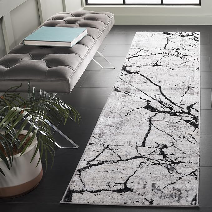 SAFAVIEH Amelia Collection Runner Rug - 2' x 22', Grey & Black, Modern Abstract Design, Non-Shedding & Easy Care, Ideal for High Traffic Areas in Living Room, Bedroom (ALA293K)