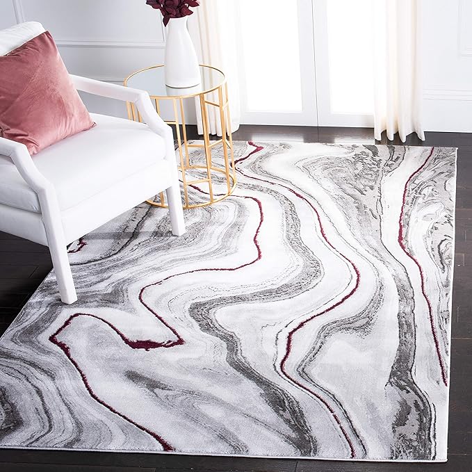 SAFAVIEH Craft Collection Accent Rug - 4' x 6', Grey & Wine, Modern Abstract Marble Pattern Design, Non-Shedding & Easy Care, Ideal for High Traffic Areas in Entryway, Living Room, Bedroom (CFT819S)