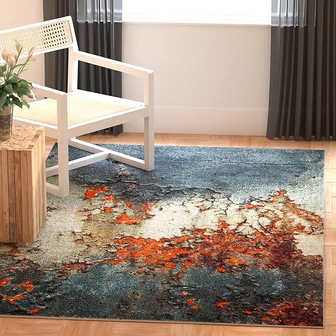 SAFAVIEH Glacier Collection Area Rug - 5'3" Square, Blue & Multi, Modern Abstract Design, Non-Shedding & Easy Care, Ideal for High Traffic Areas in Living Room, Bedroom (GLA125B)