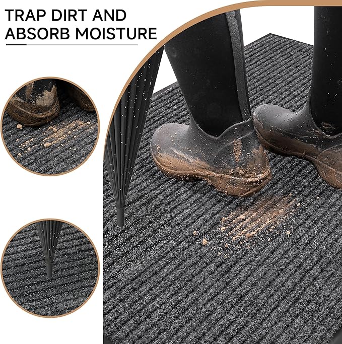 Durable Front Door Mat, Heavy Duty Indoor Outdoor Doormat, 60” x 36” Low Profile Outdoor Mats for Home Entrance, Stain and Fade Resistant Shoe Scraper Mat, Ideal for High Traffic Area
