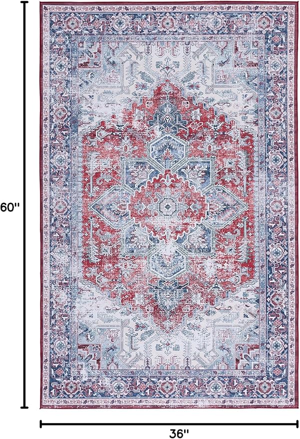 SAFAVIEH Washable Rug Tucson Collection - 3' x 5', Red & Navy, Slip Resistant & Easy to Clean, Ideal for Foyer, Entryway, Kitchen, Bedroom (TSN101S)