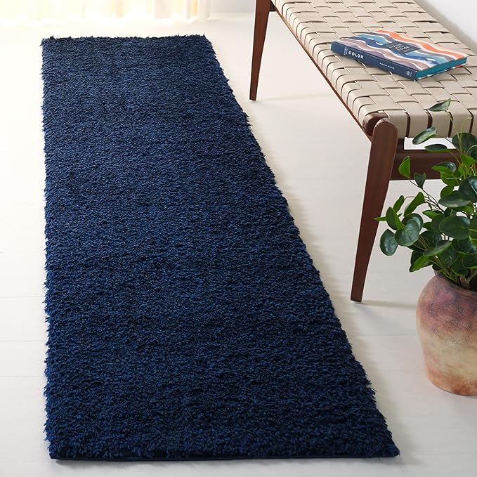 SAFAVIEH Lindsay Shag Collection Runner Rug - 2'2" x 10', Navy, Non-Shedding, 1.8-inch Thick, Ideal for Living Room, Hallway, Foyer, Bedroom (LNS560N-210)