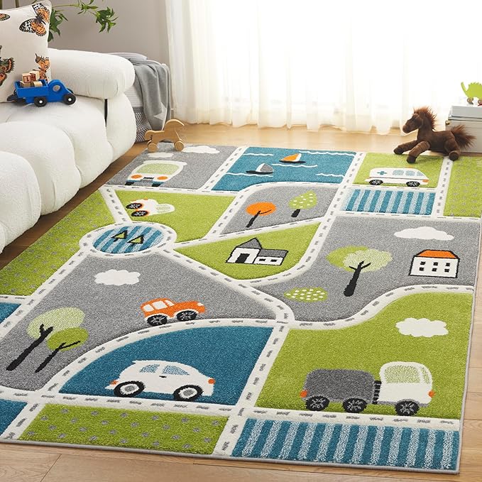 SAFAVIEH Carousel Kids Collection Area Rug - 5'3" x 7'6", Green/Grey, Geometric Design, Ideal for High Traffic Areas in Living Room, Bedroom, Dining (CRK193Y)