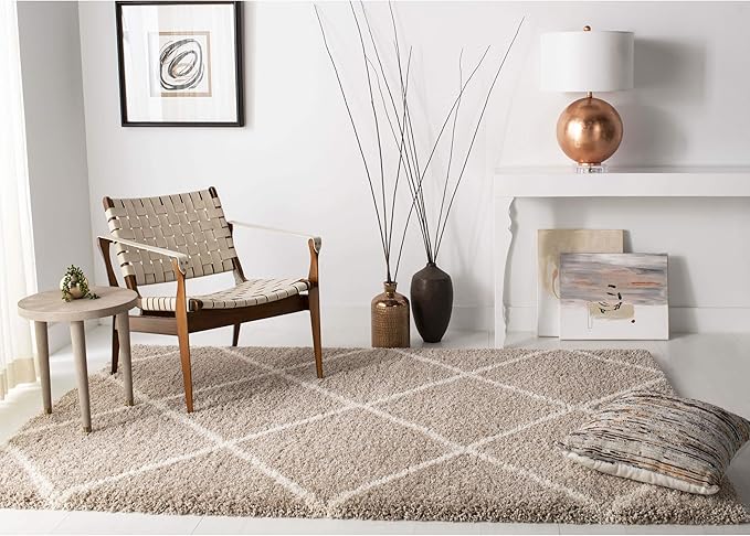 SAFAVIEH Hudson Shag Collection Area Rug - 9' x 12', Beige & Ivory, Modern Trellis Design, Non-Shedding & Easy Care, 2-inch Thick Ideal for High Traffic Areas in Living Room, Bedroom (SGH281S)