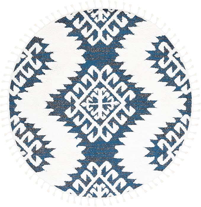 SAFAVIEH Moroccan Tassel Shag Collection Area Rug - 6'7" Round, Navy & Ivory, Trellis Design, Non-Shedding & Easy Care, 2-inch Thick Ideal for High Traffic Areas in Living Room, Bedroom (MTS652N)