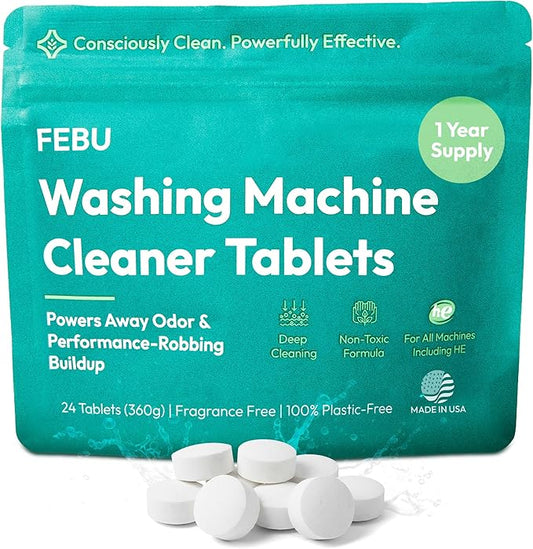FEBU Washing Machine Cleaner Tablets Made in USA | Washer Machine Cleaner & Deodorizer | Removes Gunk & Grime | 7 Natural, Biodegradable, Plant-Based Ingredients | 24 Tablets - 12 Month Supply