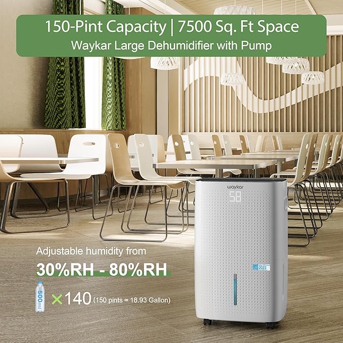 Waykar 150 Pints 7,500 Sq. Ft Energy Star Dehumidifier with Pump for Commercial and Industrial Large Room, Basement, Home, Storage, Warehouse with Drain Hose and Water Tank
