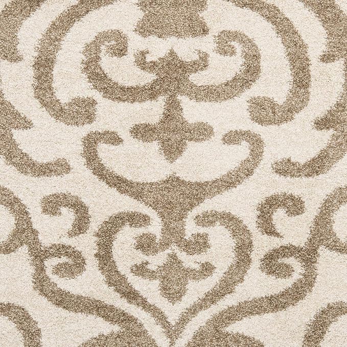 SAFAVIEH Florida Shag Collection Area Rug - 5' Square, Cream & Beige, Damask Design, Non-Shedding & Easy Care, 1.2-inch Thick Ideal for High Traffic Areas in Living Room, Bedroom (SG462-1113)
