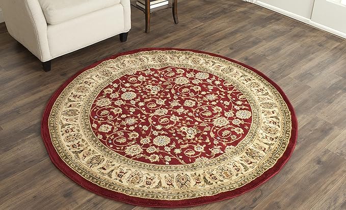 SAFAVIEH Lyndhurst Collection Area Rug - 5'3" Round, Red & Ivory, Traditional Oriental Design, Non-Shedding & Easy Care, Ideal for High Traffic Areas in Living Room, Bedroom (LNH312A)
