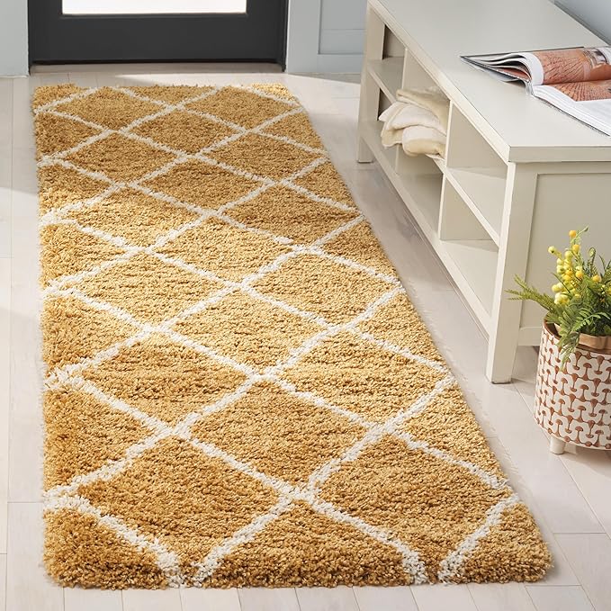 SAFAVIEH Hudson Shag Collection Runner Rug - 2'3" x 8', Gold & Ivory, Non-Shedding, 1.8-inch Thick, Ideal for Living Room, Hallway, Foyer, Bedroom (SGH281F-28)