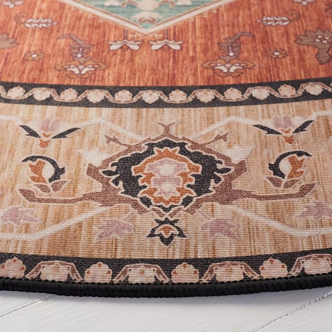 SAFAVIEH Washable Rug Tucson Collection - 8' Round, Aqua & Rust, Slip Resistant & Easy to Clean, Ideal for Living Room, Bedroom, Dining Space (TSN150J)