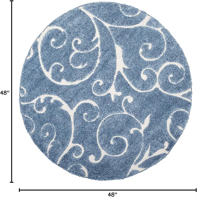 SAFAVIEH Florida Shag Collection Area Rug - 4' Round, Light Blue & Cream, Scroll Design, Non-Shedding & Easy to Clean, High-Low Plush Pile, Ideal for Living Room, Bedroom, Dining Space (SG455-6011)