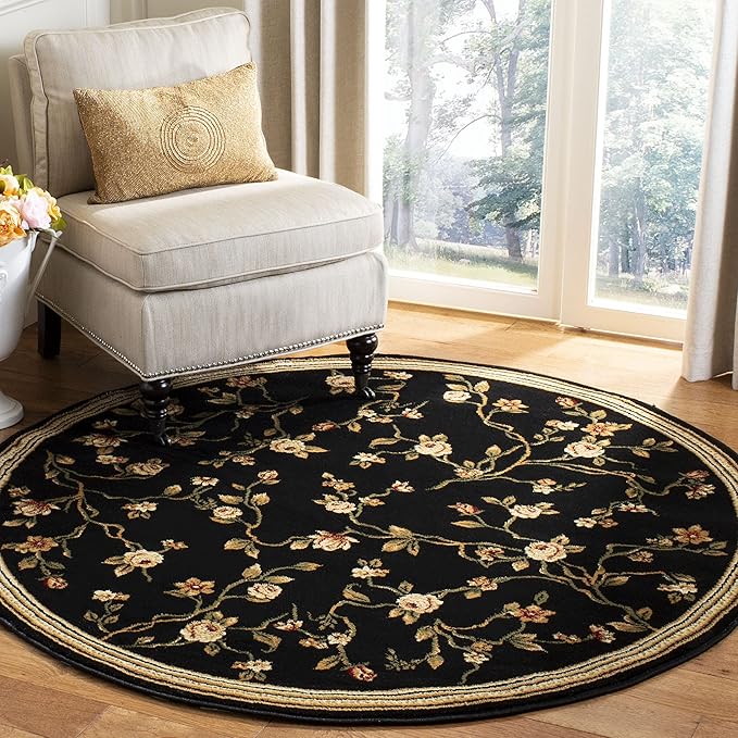 SAFAVIEH Lyndhurst Collection Area Rug - 8' Round, Black, Traditional Floral Design, Non-Shedding & Easy Care, Ideal for High Traffic Areas in Living Room, Bedroom (LNH220A)