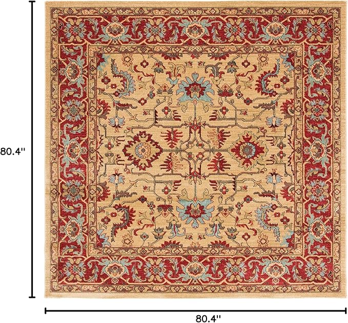 SAFAVIEH Mahal Collection Area Rug - 6'7" Square, Beige & Red, Traditional Oriental Design, Non-Shedding & Easy Care, Ideal for High Traffic Areas in Living Room, Bedroom (MAH693B)