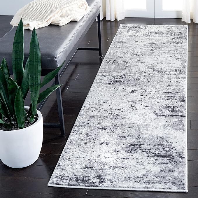 SAFAVIEH Amelia Collection Runner Rug - 2'2" x 10', Grey & Ivory, Modern Abstract Design, Non-Shedding & Easy Care, Ideal for High Traffic Areas in Living Room, Bedroom (ALA705G)
