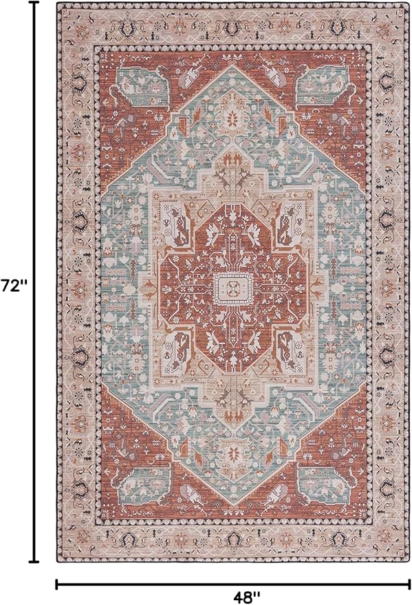 SAFAVIEH Washable Rug Tucson Collection - 4' x 6', Aqua & Rust, Slip Resistant & Easy to Clean, Ideal for Foyer, Kitchen, Nursery, Office, Bedroom (TSN150J)