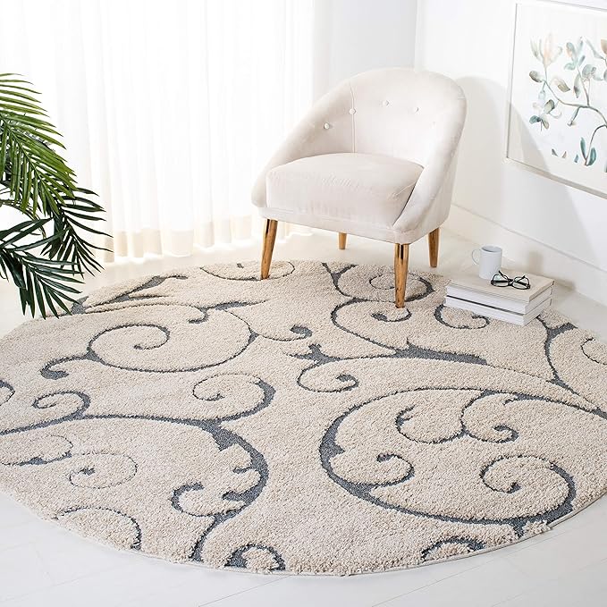 SAFAVIEH Florida Shag Collection Area Rug - 6'7" Round, Beige & Blue Grey, Scroll Design, Non-Shedding & Easy to Clean, High-Low Plush Pile, Ideal for Living Room, Bedroom, Dining Space (SG455-1155)