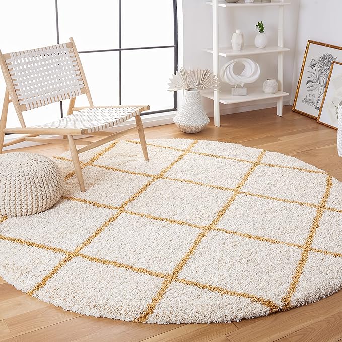 SAFAVIEH Hudson Shag Collection 4' Round Ivory/Gold SGH281E Modern Diamond Trellis Non-Shedding 2-inch Thick Area Rug