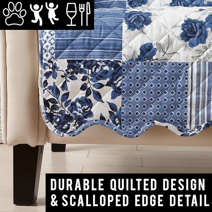 Great Bay Home Reversible Patchwork Sofa Cover - Washable Slipcover Furniture Protector with Elastic Straps - Couch Cover for Dogs, Kids, and Pets - Box-Stitched Detail (Sofa, Navy)