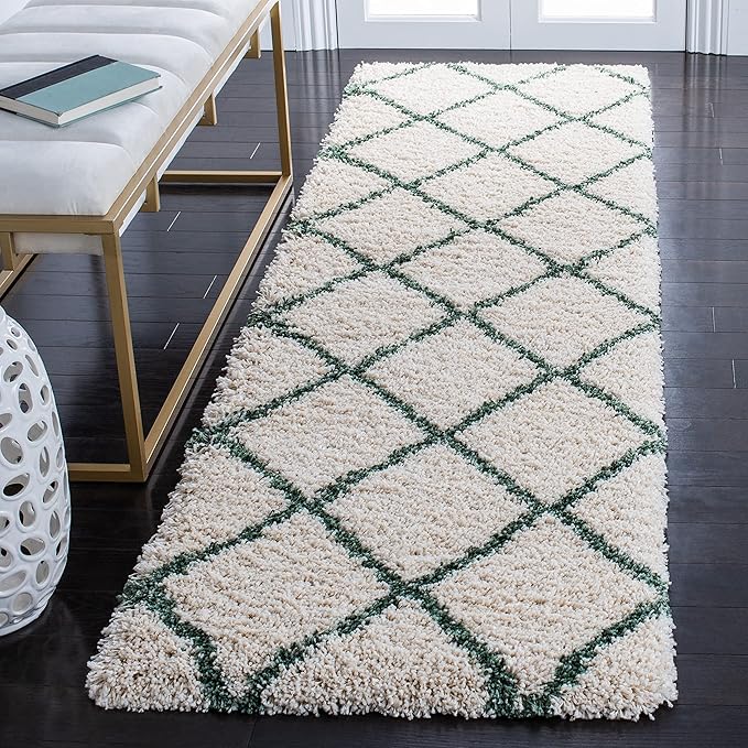 SAFAVIEH Hudson Shag Collection Runner Rug - 2'3" x 8', Ivory & Green, Modern Trellis Design, Non-Shedding & Easy Care, 2-inch Thick Ideal for High Traffic Areas in Living Room, Bedroom (SGH281X)