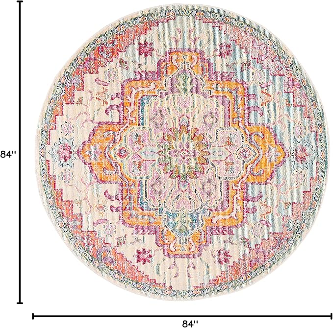 SAFAVIEH Crystal Collection Area Rug - 7' Round, Light Blue & Fuchsia, Medallion Distressed Design, Non-Shedding & Easy Care, Ideal for High Traffic Areas in Living Room, Bedroom (CRS501B)
