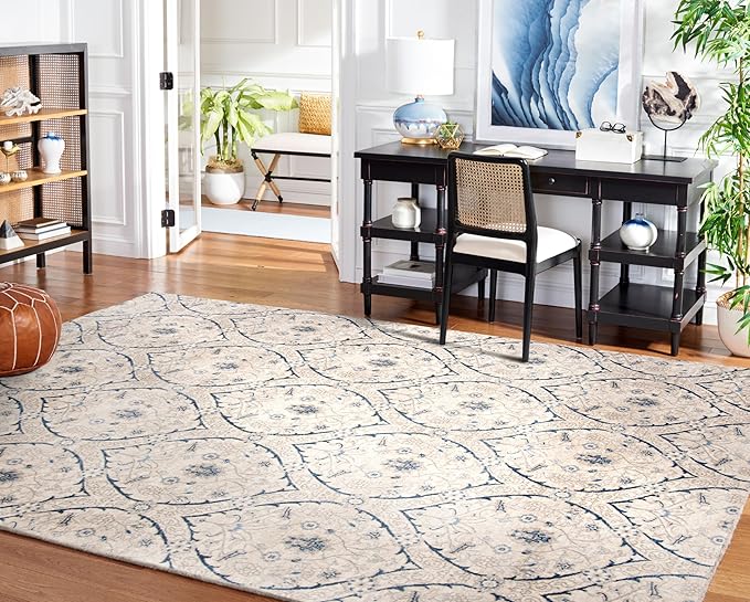 SAFAVIEH Brentwood Collection Area Rug - 9' x 12', Light Grey & Blue, Floral Damask Ogee Trellis Design, Non-Shedding & Easy Care, Ideal for High Traffic Areas in Living Room, Bedroom (BNT860G)