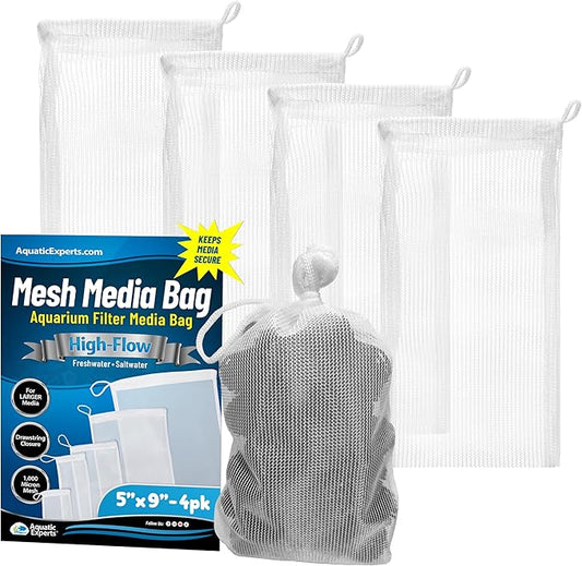Aquatic Experts High Flow Filter Media Bag - Durable Filter Bags for Fish Tank, Secure Aquarium Media Bag with Drawstring, Media Bags for Aquarium and Pond, High Flow (White), 5" x 9" - 4 Pack