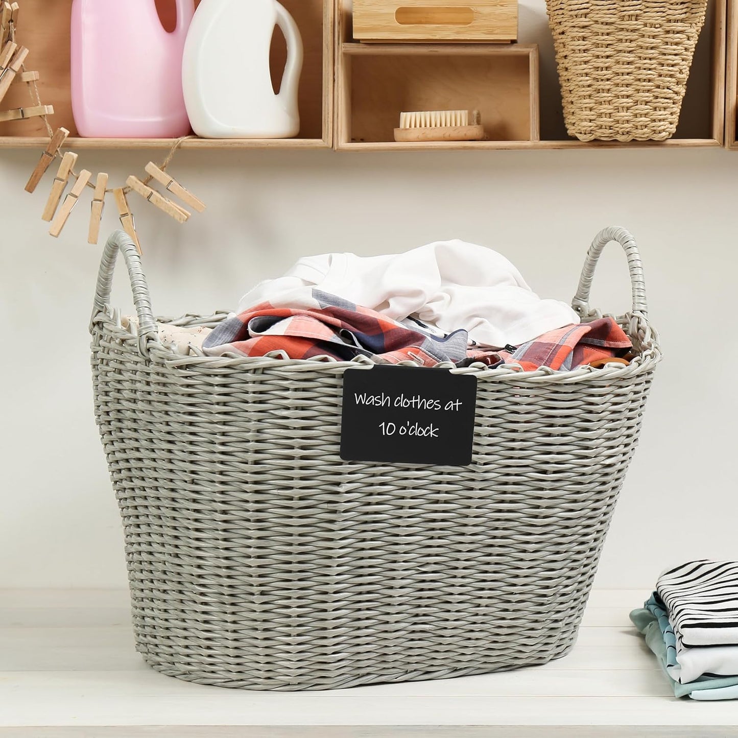 Basket Labels Clip On Set, 32 pcs — 30 Removable Bin Labels Clip On with 2 Chalk Markers