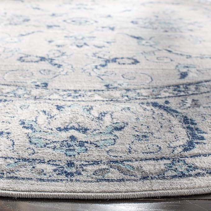 SAFAVIEH Brentwood Collection Area Rug - 5' Round, Light Grey & Blue, Oriental Floral Scroll Design, Non-Shedding & Easy Care, Ideal for High Traffic Areas in Living Room, Bedroom (BNT854G)