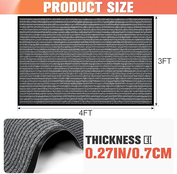 MYFAMIREA Commercial Floor Mat 3' x 4' Extra Large Front Door Industrial Rug Heavy Duty Brush Step Entrance Mat Weather Utility Rug with Non Slip Rubber Backing Low Profile for Entryway, Charcoal Grey