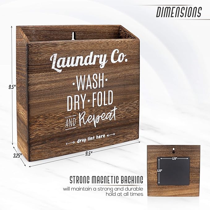 Magnetic Lint Bin for Laundry Room – Mountable, Wooden Lint Box/Holder/Trash Can or Organization and Storage Bin for Washer and Dryer Supplies – Rustic Farmhouse Decor by CADE + KAI (Torch Dark Brown)