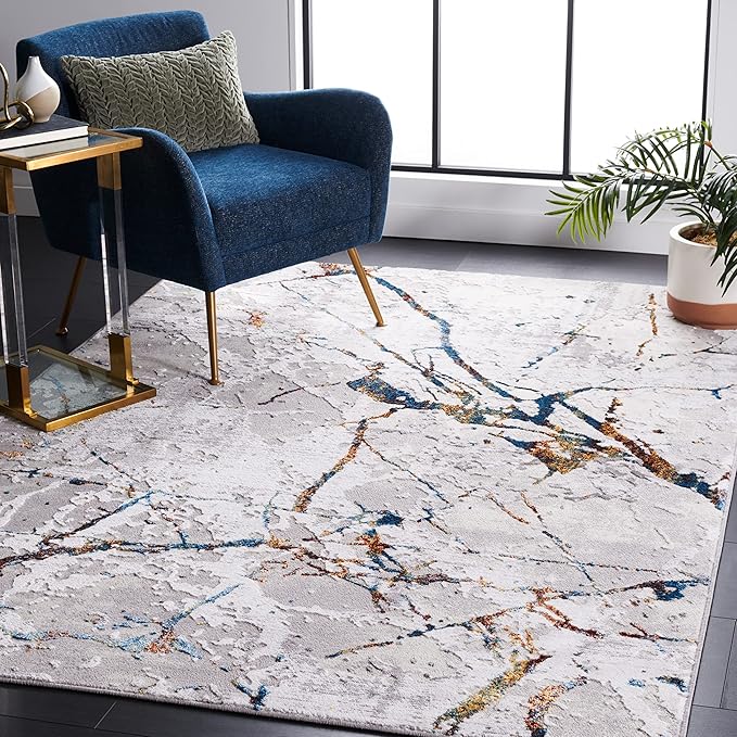 SAFAVIEH Amelia Collection Area Rug - 6' x 9', Grey & Blue Gold, Modern Abstract Design, Non-Shedding & Easy Care, Ideal for High Traffic Areas in Living Room, Bedroom (ALA293M)