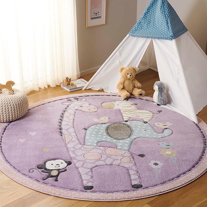 SAFAVIEH Carousel Kids Collection Area Rug - 6'7" Round, Purple, Animal Design, Easy Care & Non-Shedding, Ideal for High Traffic Areas for Boys & Girls in Playroom, Nursery (CRK120V-7R)