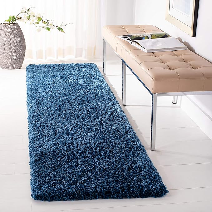 SAFAVIEH Fontana Shag Collection Runner Rug - 2'3" x 8', Blue, Solid Design, Non-Shedding & Easy Care, 2-inch Thick Ideal for High Traffic Areas in Living Room, Bedroom (FNT800M)