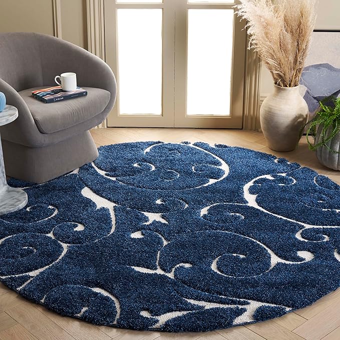 SAFAVIEH Florida Shag Collection Area Rug - 11' Round, Dark Blue & Cream, Scroll Design, Non-Shedding & Easy to Clean, High-Low Plush Pile, Ideal for Living Room, Bedroom, Dining Space (SG455-6511)