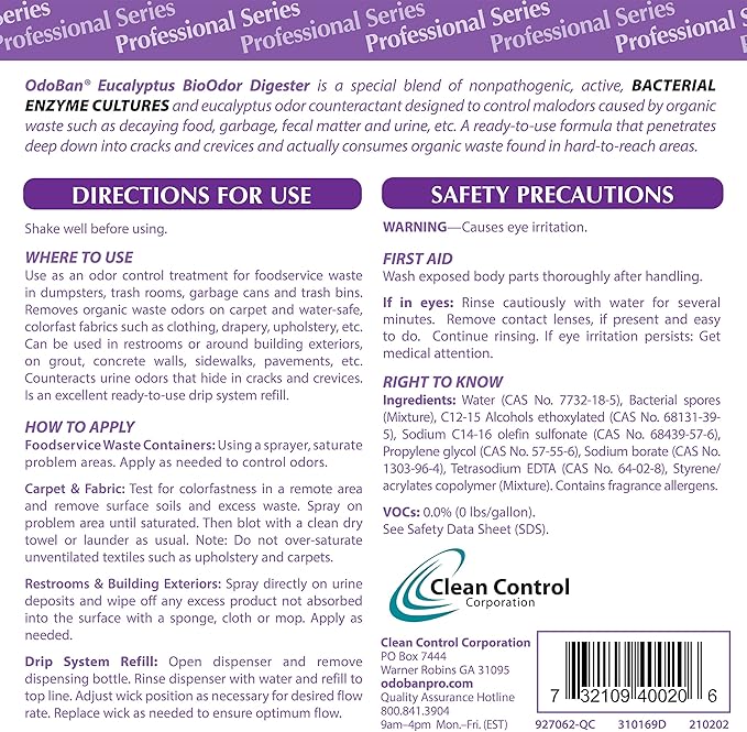 OdoBan Professional Cleaning Ready-to-Use BioOdor Digester Harsh Aroma Counteractant, Made in the USA, Eucalyptus Scent, 12-Pack, 32 Ounce Sprays Each