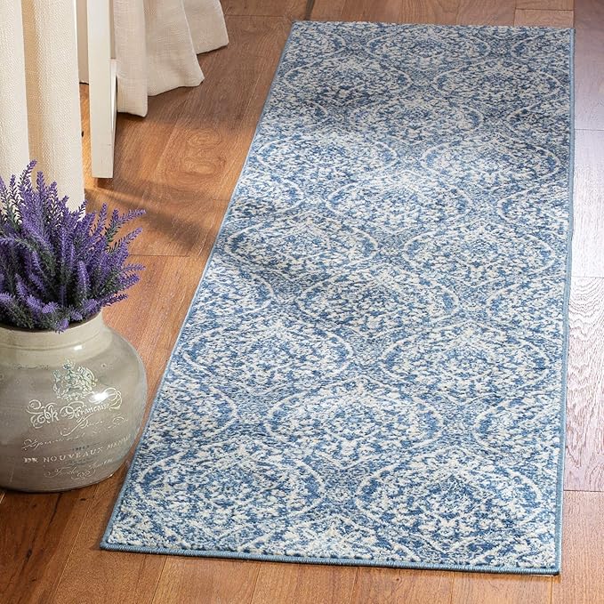 SAFAVIEH Brentwood Collection 2' x 10' Navy / Light Grey BNT860M Floral Damask Ogee Trellis Non-Shedding Living Room Entryway Foyer Hallway Bedroom Runner Rug