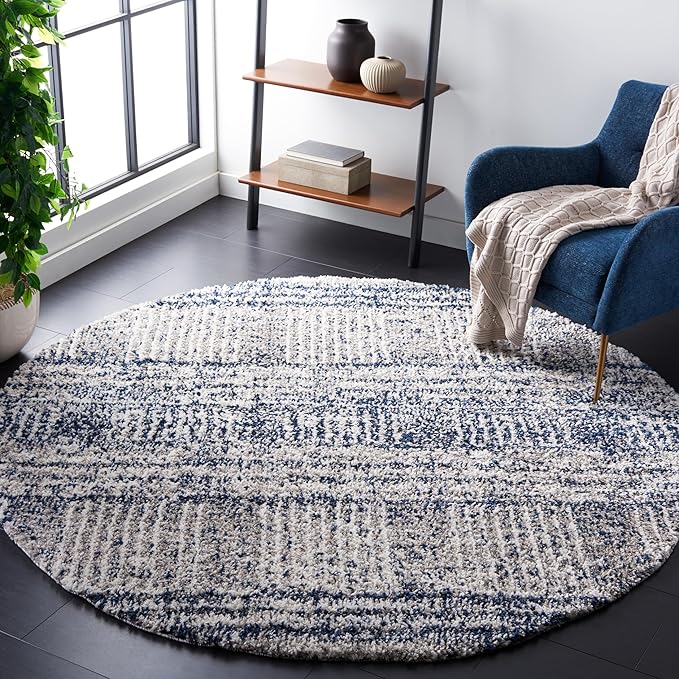 SAFAVIEH Jericho Shag Collection Area Rug - 8' Round, Navy & Ivory, Non-Shedding & Easy Care, 1.2-inch Thick, Ideal for The Living Room, Dining Room, Bedroom (JER100N-8R)