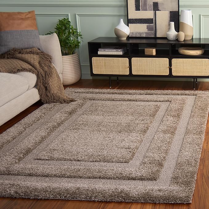 SAFAVIEH Florida Shag Collection 5'3" x 7'6" Beige / Beige SG454 Border Non-Shedding Living Room Bedroom Dining Room Entryway Plush 1.2-inch Thick Area Rug