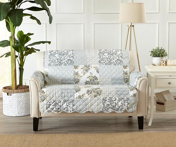 Great Bay Home Reversible Patchwork Loveseat Cover - Washable Slipcover Furniture Protector with Elastic Straps - Couch Cover for Dogs, Kids, and Pets - Box-Stitched Detail (Loveseat, Grey)