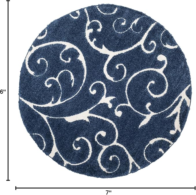 SAFAVIEH Florida Shag Collection Area Rug - 6'7" Round, Dark Blue & Cream, Scroll Design, Non-Shedding & Easy to Clean, High-Low Plush Pile, Ideal for Living Room, Bedroom, Dining Space (SG455-6511)