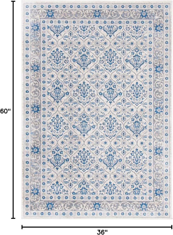 SAFAVIEH Brentwood Collection 3' x 5' Ivory/Blue BNT870A Oriental Damask Trellis Non-Shedding Living Room Bedroom Accent Rug